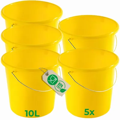Produktbild von Novaliv 5 Stück Eimer 10L Gelb mit Maßeinteilung - Putzeimer 10 Liter ⌀ 28,5 cm Praktischer Allrounder mit Skala für Haushalt & Garten ideal als Haushaltseimer, Wassereimer, Wischeimer, Bucket