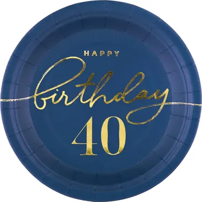 Zdjęcie produktu dla Talerzyk papierowy Happy Birthday 40, granatowy 18cm 6szt.