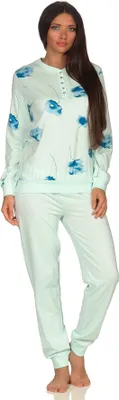Produktbild von Eleganter Damen Pyjama Schlafanzug langarm mit Bündchen  und Blumenprint - 291 201 90 193 ; helltürkis , 48/50
