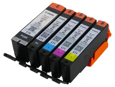 A set of five Canon ink cartridges arranged in a holder.