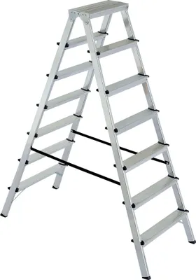 A silver aluminum stepladder with black accents, shown from a front-diagonal angle against a white background.