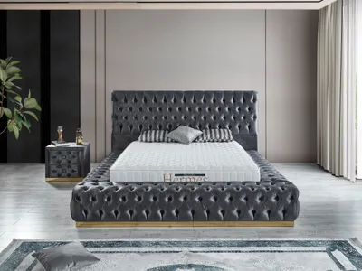 Produktbild von Schlafzimmer-Set "Liora" – Bett mit Bettkasten und Matratze, Nachttisch, Kommode-Anthrazit