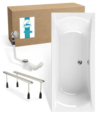 Produktbild von Calmwaters® Rechteck Badewannen-Set 180x80 cm mit Wannenfüßen & Ablaufgarnitur, Acrylwanne Modern Curved, Duowanne für zwei, Set Badewanne komplett, 180 x 80 cm, Weiß, 99000299