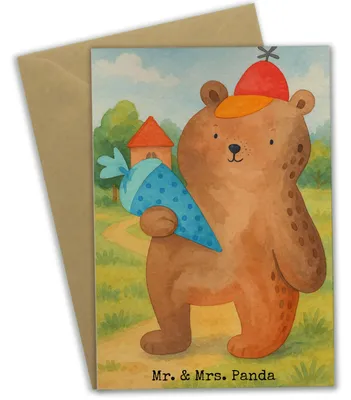 Produktbild von Mr. & Mrs. Panda Glückwunschkarte Bär Schultüte Design - Weiß - Geschenk, Grußkarte, Grundschule, kommunionskarte, Einschulung, Schulbeginn, einladungskarten, Grußkarten