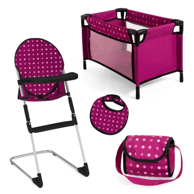 Produktbild von Bayer Design 63267AB Puppenhochstuhl, Puppenbett, Tasche, Latz, Puppenzubehör für Rollenspiele der Kinder, Spielset ab 3+ Jahren