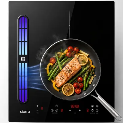 Zdjęcie produktu dla CIARRA ONE Płyta Indukcyjna ze Zintegrowanym Okapem 39 cm, System Plasma⁺, 2 Pola, 3200 W, 505 m³/h, Booster, Sterowanie Dotykowe, Obraz wygenerowany przez AI