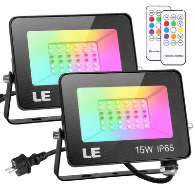 Produktbild von Lepro 15W LED Strahler RGB mit RF-Fernbedienung, 2er Wasserdicht LED Fluter mit Memory-Funktion, Dimmbar Farbwechsel Außenstrahler, IP65 Farbig Außenlampe, Bunt Flutlicht für Garten, Party Deko