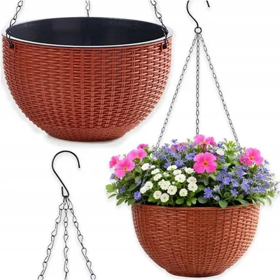 Obrázok produktu pre Závesný kvetináč s ratanovým vzhľadom, hnedý, Ø 26 cm, s vložkou a reťazou