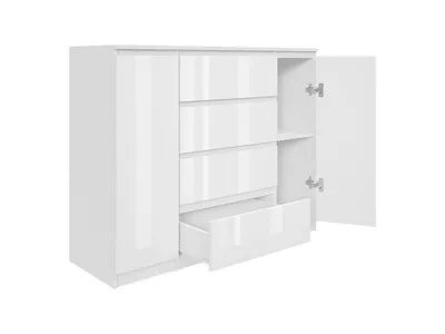A white, glossy chest of drawers with four drawers and two cabinet doors, shown against a white background.