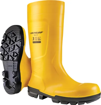 A pair of yellow Dunlop safety boots.
