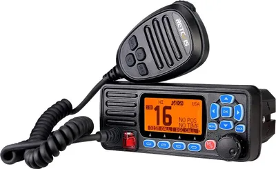 A black marine transceiver with a microphone attached, shown against a white background.