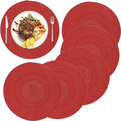 Produktbild von Platzdeckchen, rund gewebte Tischsets Set von 6 hitzebeständig, rutschfest, waschbar, geflochtene Baumwolle, Esstischmatten für Esszimmer, Küchentisch