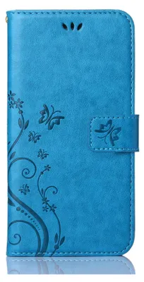 A blue flip case for a phone with a floral and butterfly design.