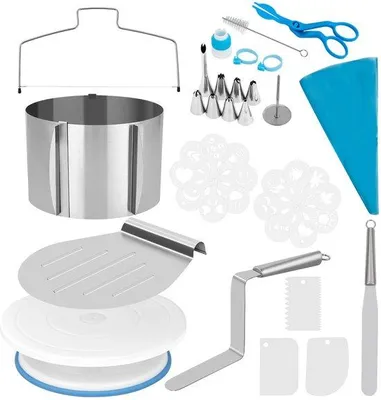 Productafbeelding van Unyqoos® 40-delig taartaccessoireset – verstelbare roestvazen taartring (16–30 cm), 360° draaitafel, 15-delige spuitmonden en decoratietools