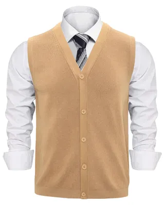 Produktbild von Sykooria Herren Strickweste Baumwolle V-Ausschnitt Ärmellos Strickjacke mit Knöpfen Feinstrick Weste für Alltag Büro Herbst Frühling, Khaki M