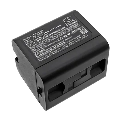 A black lithium-ion battery pack with a label containing product information and warnings.