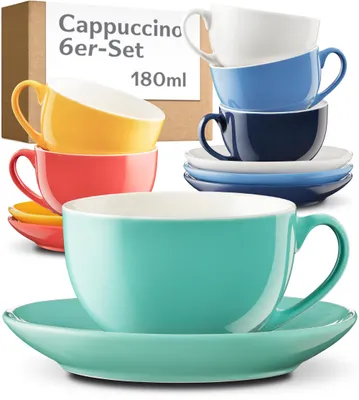 Immagine prodotto di Set di 6 tazze da cappuccino Cosumy con piattini – Tazze da caffè in Vetroceramica colorata – H