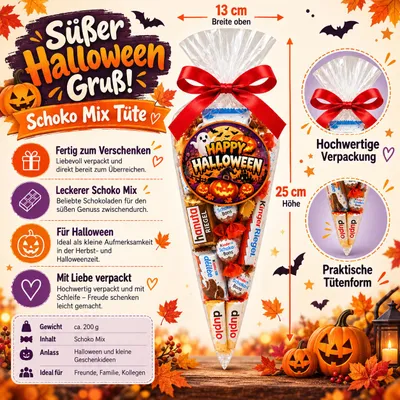 Produktbild von Happy Halloween Schokolade Mix-Tüte 200 g – Fertig verpacktes Geschenk mit Schokoladen-Mix – Candy & Bar®