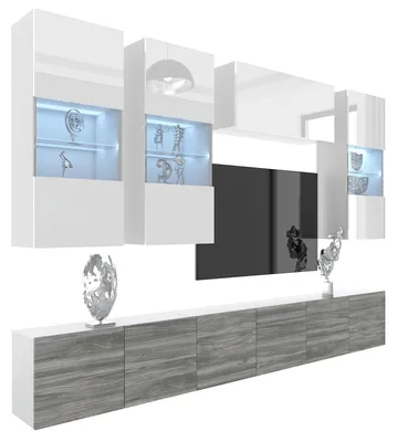 Produktbild von BELINI Wohnwand MILANO 5 Wohnzimmer 300 cm - Weiß Hochglanz/Grau Matt, Moderne Schrankwand Set, Anbauwand TV-Schrank Griffloses System
