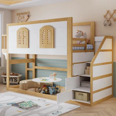 Image de Lit superposé Flieks 90 x 200 cm avec armoire-escalier, lit enfant en forme de maison avec barrière de sécurité et sommier à lattes, lit mezzanine avec fenêtre, finition naturelle