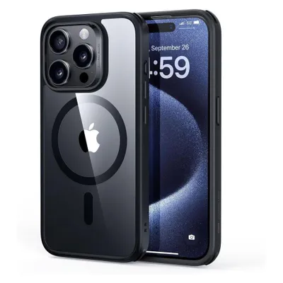 A clear, professional product shot of an iPhone 15 Pro with a transparent black case, showcasing the MagSafe ring and Apple logo.