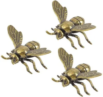 Productafbeelding van Miniature bijenbeeldjes, set van 3, goudkleurig, vintage, decoratie voor op het bureau, messing dierfiguren