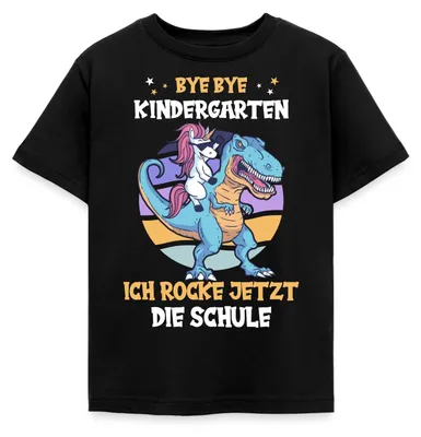Produktbild von Spreadshirt Bye Bye Kindergarten Dino und Einhorn Kinder T-Shirt, 110/116 (5-6 Jahre), Schwarz