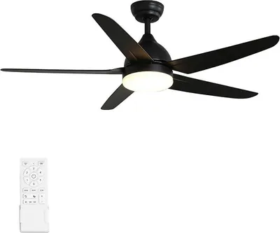 Productafbeelding van Plafondventilator met licht en afstandsbediening, 132 cm, zwart, 5 bladen, stille DC-motor, omkeerbaar, 6 snelheden, dimbare LED-verlichting met 3 lichtkleuren, timer