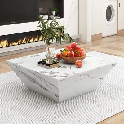 Image de Sweiko Table basse (tables gigognes, 1 pièce, aspect marbre brillant avec 2 tiroirs), table de salon en bois, trapézoïdale, 70 x 70 x 37 cm