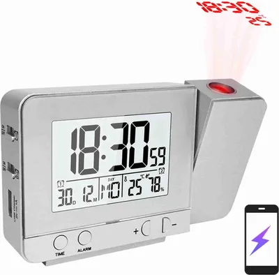 Image de Yechiry Digital Clock Projector avec thermomètre -hygromètre, grand écran LCD, double alarme avec snooze, chargeur USB et indicateur de température rotatif 180 ��, fonctionnement simple (Silver)