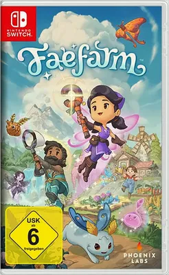 The image is the cover art for the Nintendo Switch game Fae Farm, featuring cartoon characters and a fantasy landscape.