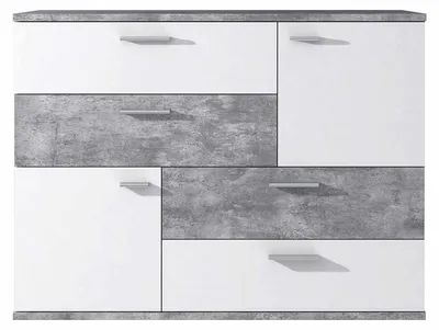 Kommode Sideboard SKIVE in Betonoptik lichtgrau und Weiß mit sechs Schubladen und Metallagriffen, Gesamtansicht.