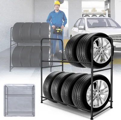 Produktbild von LZQ Stojan na pneumatiky Stojan na 8 pneumatík Stojan s ochranným krytom Výškovo nastaviteľný stojan na ťažké pneumatiky Dielenský stojan, nosnosť 180 kg, 107x46x117 cm