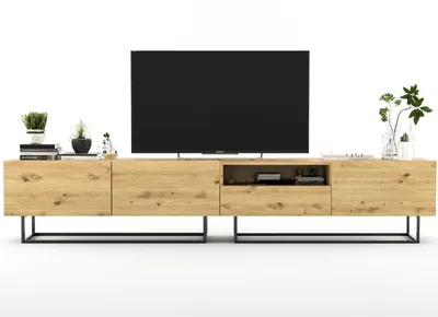 A modern TV stand with a television on top, set against a white background.