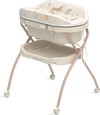 A baby bath and changing station on a stand with wheels.
