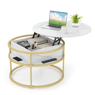 Produktbild von GOPLUS Couchtisch Beistelltisch Marmor Optik, runder Wohnzimmertisch mit anhebbarer Platte, verstecktem Platz, 4 Seitenablagen, Sofatisch