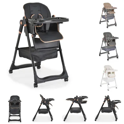 A black high chair with gold accents is shown from the front, with other color variations of the same high chair displayed on the right side of the image. Several smaller images of the high chair in different configurations are shown at the bottom.