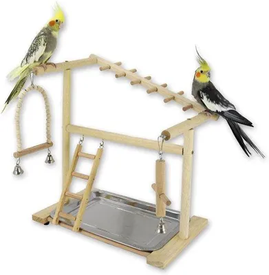 Produktbild von Famanu Vogelspielplatz aus Holz mit Futterbehältern und Kletterzubehör - für Sittiche und Papageien