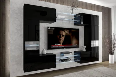 Produktbild von Furnitech Wohnwand Wohnzimmer - Wohnzimmer Möbel mit LED RGB - 16 Farben - Hängend Wohnwand Modern - Regale und TV Schrank (C29N-21B-HG1-1A)