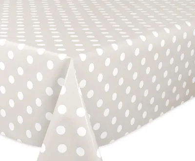 Immagine prodotto di Tovaglia in tela cerata liscia color taupe, a pois bianchi, lavabile con un panno, grigia, (rotonda 140x140 cm)