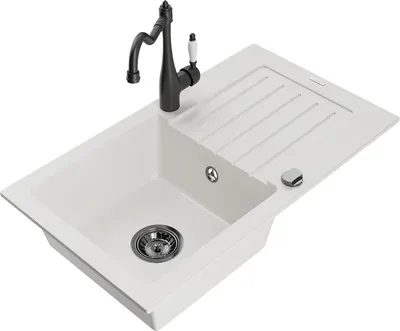 Produktbild von Mexen Pablo 1 Becken-Granitspüle mit Abtropffläche und Mischbatterie Carla, Weiß - 6510-20-670700-70