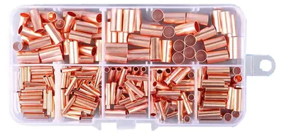 Image de Lot de 250 connecteurs en cuivre – Manchons pour tubes en cuivre de 1,5 à 6 mm, 7 tailles, longueur 12 mm, assortiment de connecteurs de câbles pour l'électricité et le bricolage