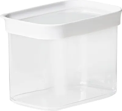 A clear, studio shot of a rectangular food storage container with a white lid.
