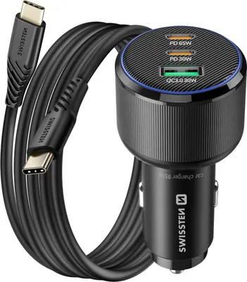 Produktbild von Swissten, Auto Ladegerät 2x USB-C PD 65W + USB 3.0 QC30W mit Kabel, Schwarz