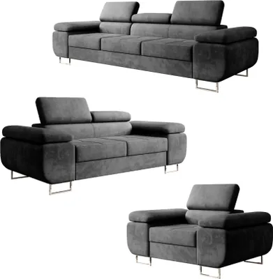 Produktbild von Polstergarnitur Miami 3-2-1 Samtstoff Grau Anthrazit mit Bett Kopfteilverstellung Bett Sofa Schlafsofa Wohnlandschaft