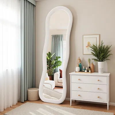 Produktbild von REMZETTA Ganzkörperspiegel 160 x 50 cm, weißer Standspiegel mit gewelltem Flanellrahmen, zum Aufhängen oder Anlehnen, für Schlafzimmer und Flur