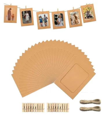 Fotolisten-Set 20 Stück, Kraftpapier, 15x10 cm, Holzklammern, Hanfseil