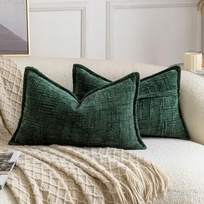 Productafbeelding van Omgoods - Set van 2 Chenille Kussenslopen - Zachte Decoratieve Kussens voor Sofa - 30x50 cm Groen