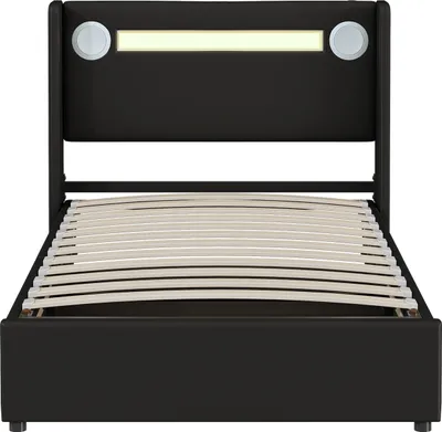 Produktbild von Flieks Polsterbett 90x200cm mit USB und Bluetooth-Player, Boxspringbett Einzelbett mit LED und Lattenrost, Stauraumbett Jugendbett, PU, Schwarz