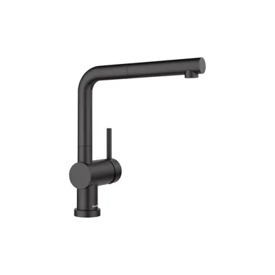 A black kitchen faucet is shown against a white background.